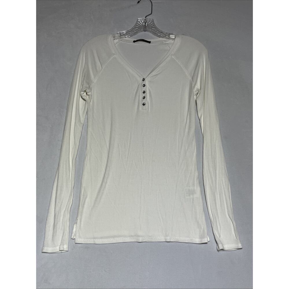 V Neck Stretch Henley Long Sleeve T Shirt Womens Large Ivory Ribbed Y2K
